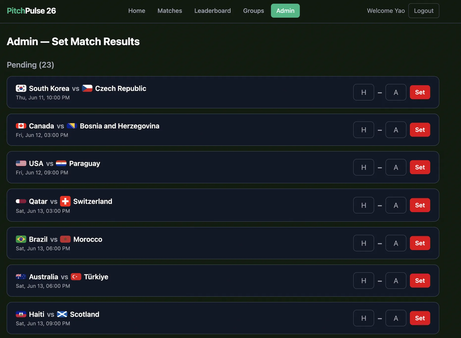 PitchPulse26 admin page showing pending matches with score inputs for setting official results.