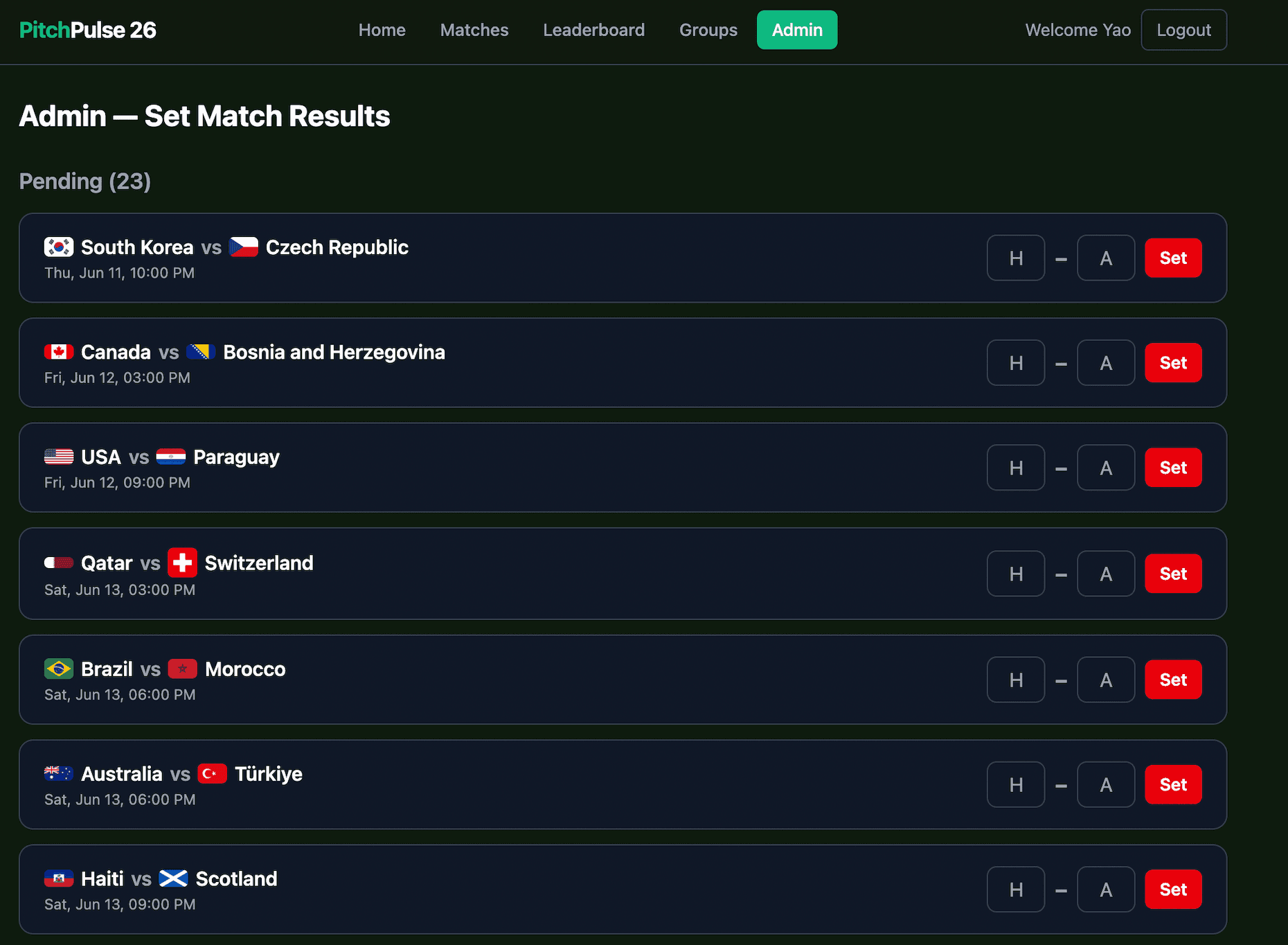 PitchPulse26 admin page showing pending matches with score inputs for setting official results.
